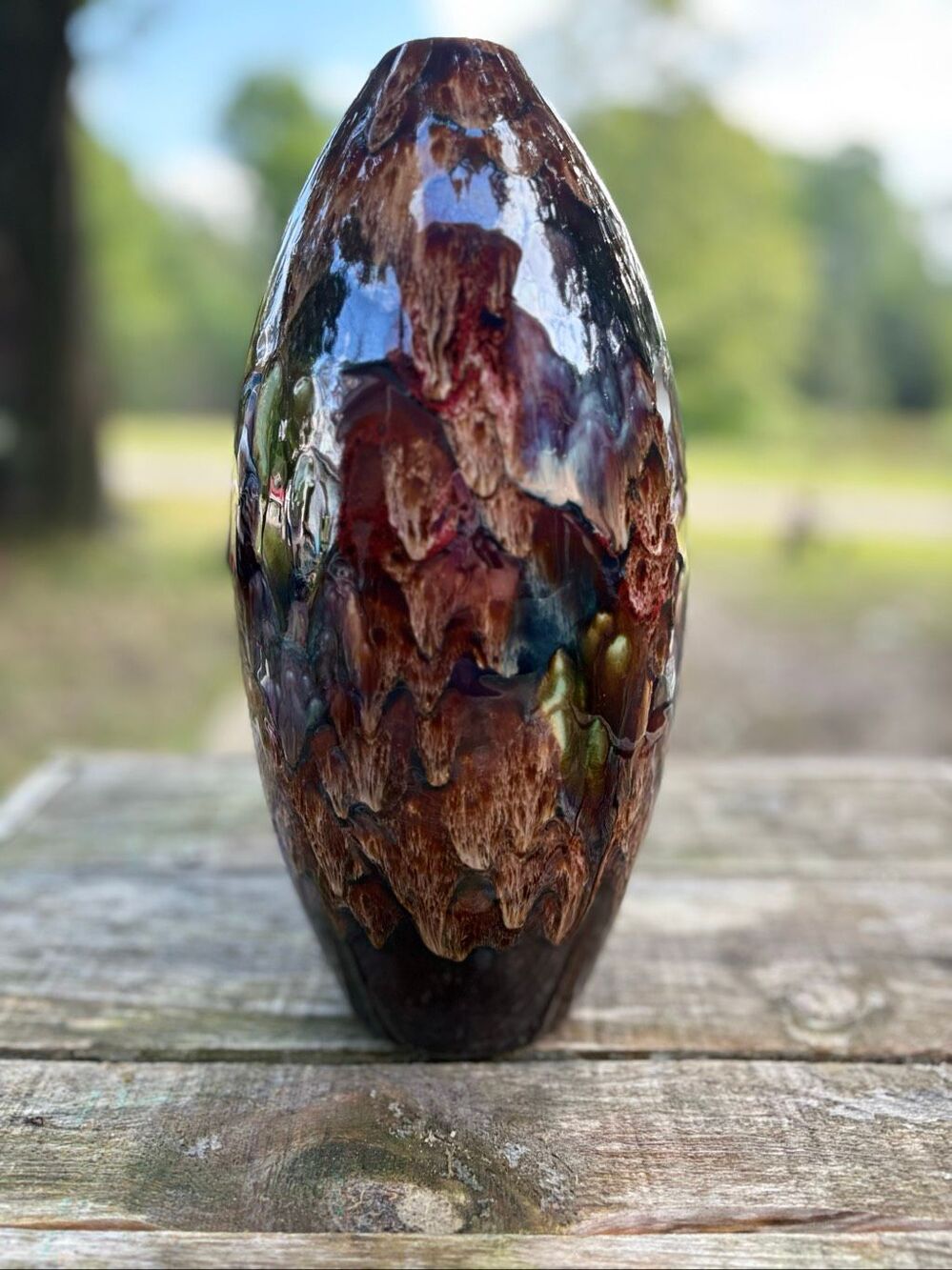 Studio Art Pottery Vase Drip Glaze Brown Green 13” Wabi Sabi Organic Modern